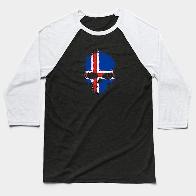 Chaotic Icelandic Flag Splatter Skull Baseball T-Shirt by jeffbartels